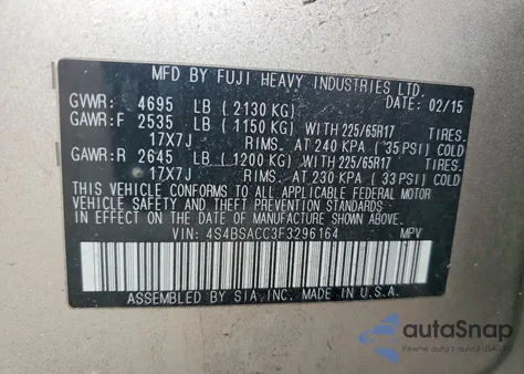 2015 Subaru Outback 2.5I Premium z USA, uszkodzony, nr VIN 4S4BSACC3F3296164